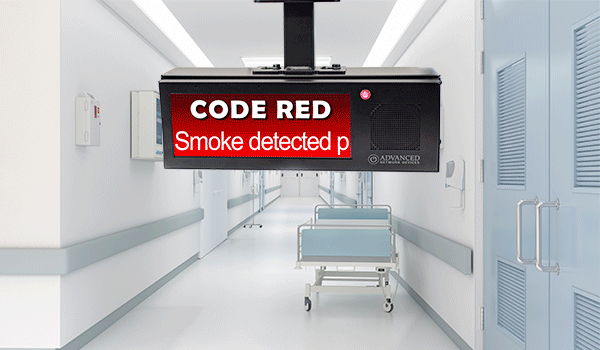 Code Alerts on Double-Sided HD IP Display (IPCSHD-DS-MB) in Healthcare Hallway code-alerts-on-double-sided-hd-ip-display-in-healthcare-hallway