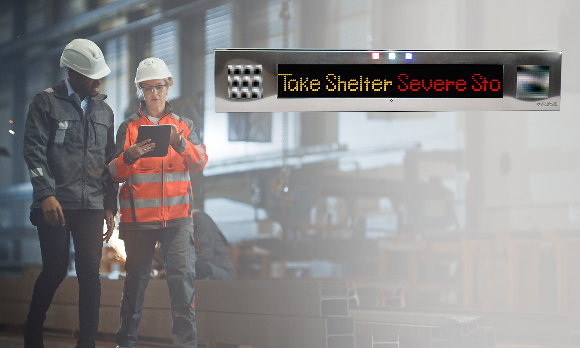 Severe Weather Alert on Large IP Signboard (IPSIGNL-RWB) in Industrial Facility severe-weather-alert-on-large-ip-signboard-in-industrial-facility